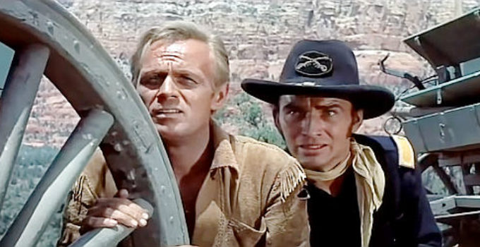 Richard Widmark as Comanche Todd and James Drury as Lt. Kelly, watching for an Indian attack in The Last Wagon (1956)