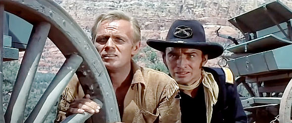 Richard Widmark as Comanche Todd and James Drury as Lt. Kelly, watching for an Indian attack in The Last Wagon (1956)