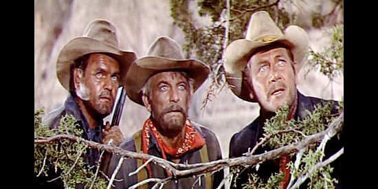 Robert Osterloh as Private Schwabacker, Denver Pyle as Private Collins and Joel McCrea as Sgt. Vinson in Fort Massacre (1958)