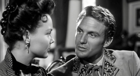 Robert Stack as Patrick O'Moore, trying to win over the heart -- or at least the body -- of Senorita Carmel Alvarado in My Outlaw Brother (1951)