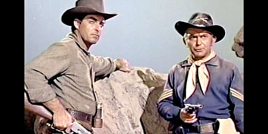 Rory Calhoun as Logan Cates and Francis De Sales as Sgt. Sheehan, trying to figure out how to outlast the Indians in Apache Territory (1958)
