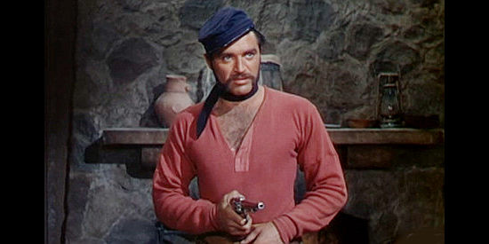 Steve Cochran as Bryan Marlowe, wondering if he's being double crossed by his older brother in Dallas (1950)