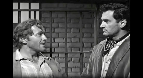 Strother Martin as jailhouse guard Pokey, offering condemned Hack Williams (Jeff Morrow) his choice of dinner in Copper Sky (1957)