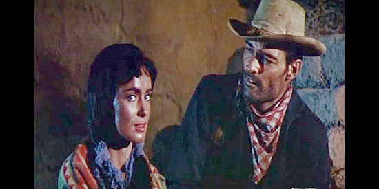 Susan Cabot as a Piute girl, talking about futures and fates with John Russell as Private Travers in Fort Massacre (1958)