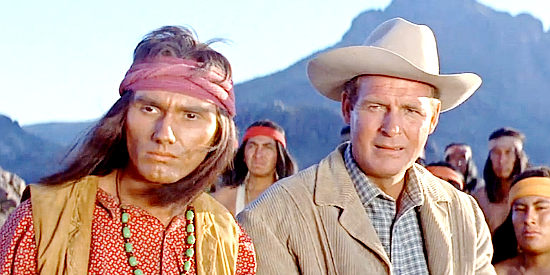 Tommy Rall as Taglito and Charles Drake as Sweeny, carefully approaching Geronimo's camp in Walk the Proud Land (1956)