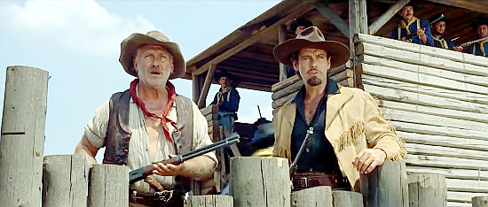 Ugo Sasso as Snack and Gordon Scott as Buffalo Bill as the Indians prepare to attack in Buffalo Bill, Hero of the Far West (1965)