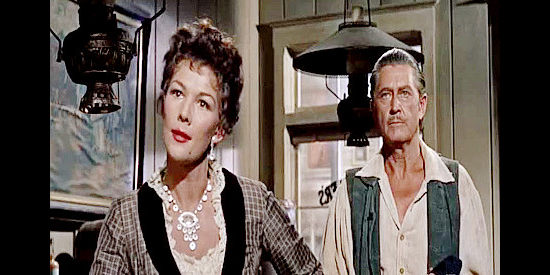 Veda Ann Borg as Marie, wondering when Lon Bennett is going to stop wrecking her saloon and get back to work in Thunder in the Sun (1959)