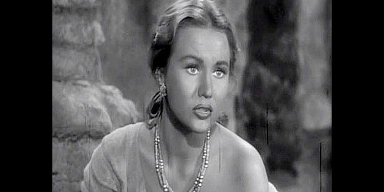Virginia Mayo as Colorado Carson, pleading with Wes McQueen not to send her away in Colorado Territory (1949)