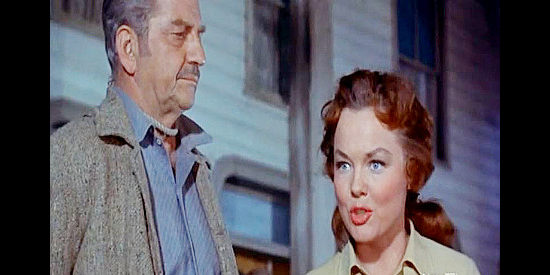 Wanda Hendrix as Ruth Lawrence, pleading for the life of her father (Faye Roope as John Lawrence) in The Black Dakotas (1954)