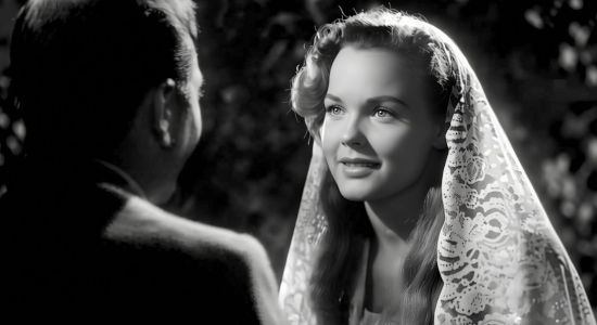 Wanda Hendrix as Senorita Carmel Alvarado in a garden meeting with Denny O'Moore in My Outlaw Brother (1951)