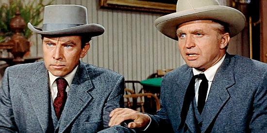 Whit Bissel as Thad Pierce and Karl Swenson as Earl Stricker, trying to strike a deal with Joe Gant in No Name on the Bullet (1959)