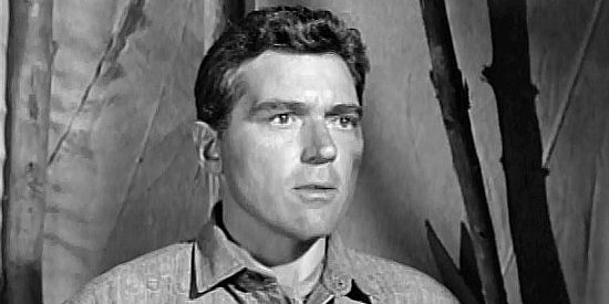 William Bishop as Bob Garth, the rancher who runs into trouble for selling cattle to the Indians in The White Squaw (1956)