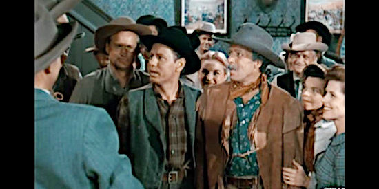 William Phipps as Nathan Goodspeed and I. Stanford Jolley as Sam Winfield, two of the settlers being bled dry of funds in Fort Osage (1952)