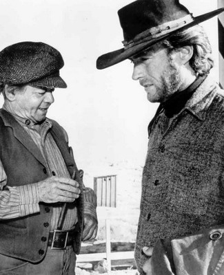 Billy Curtis as Mordecai and Clint Eastwood as The Stranger in High Plains Drifter (1973)