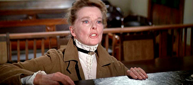 Katharine Hepburn as Eula Goodnight, arguing with a judge on Rooster Cogburn's behalf in Rooster Cogburn (1975(