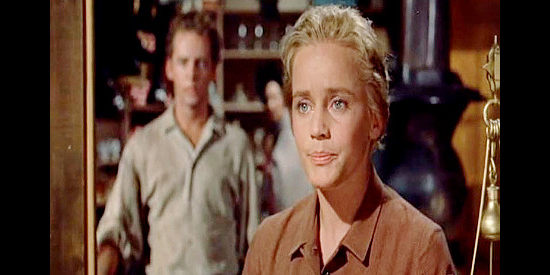 Maria Schell as Elizabeth Mahler, learning the painful truth about her grubstake in The Hanging Tree (1959)
