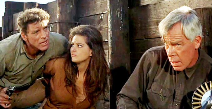 Burt Lancaster as Dolworth, Claudia Cardinale as Maria and Lee Marvin as Fardan in The Professionals (1966)