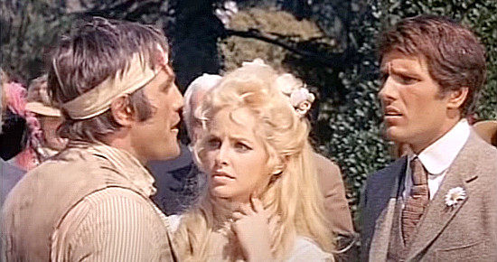 Sydne Rome as Scarlett, coming between Ted (Nino Benvenuti) and Monty (Giuliano Gemma) yet again in Alive or Preferably Dead (1969)