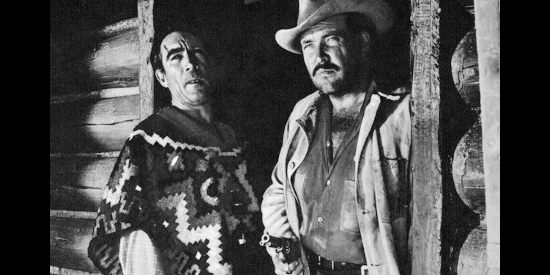 Anthony Quinn as outlaw Bob Kallen and William Conrad as Chris Hamish, forced to work together to survive The Ride Back (1957)