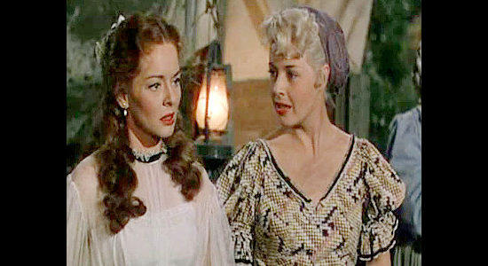 Arleen Whelan as Rose Billings and Mary Beth Hughes as Nellie McBride, as a fight breaks out in Passage West (1951)