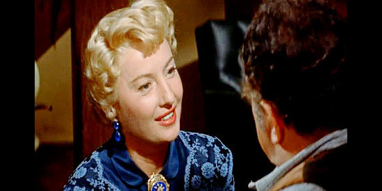 Barbara Stanwyck as Martha Wlikison, suggesting husband Lew send daughter Judith to a finishing school back East in The Violent Men (1955)