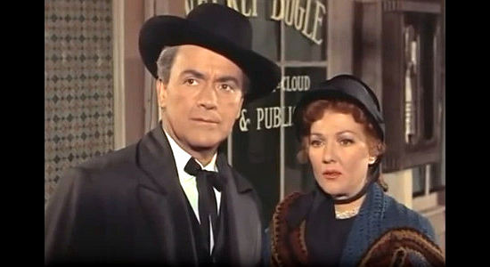 Charles Rogers as The Rev. Jericho Jones with his wife Sarah (Jean Parker), spotting Billy in The Parson and the Outlaw (1957)