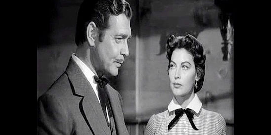 Clark Gable as Devereaux Burke and Ava Gardner as Martha Ronda, at odds over his plans to profit from the war that would surely follow the annexation of Texas in Lone Star (1952)