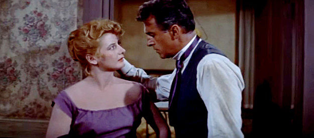 Constance Ford as saloon girl Peg, trying to comfort a drunken Sandy McKenzie (Stewart Granger) in The Last Hunt (1956)