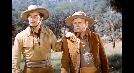 Cornel Wilde as Juan Obregon and John Qualen as Gasper Melo, reacting to demands that they move off the land they've settled in Passion (1954)