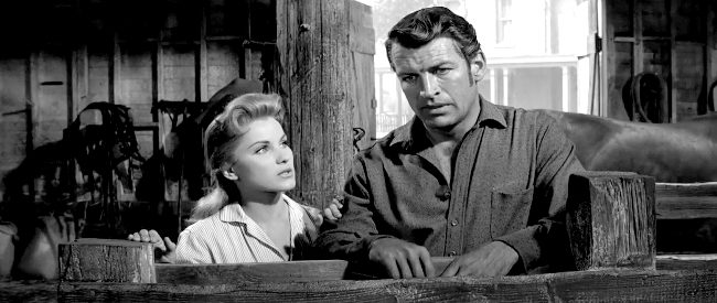 Debra Paget as Cathy Reno, trying to explain her marriage to Vance (Richard Egan) in Love Me Tender (1956)