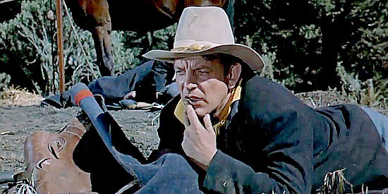 Denver Pyle as Dixon, plotting a way to survive what he considers a suicide mission in Seventh Cavalry (1956)