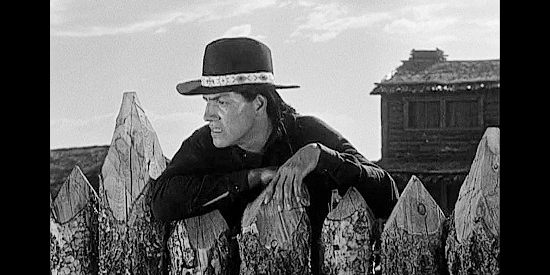 Eddie Little Sky as Johnny Dogwood, warning that the Apache are approaching the fort in Tomahawk Trail (1957)