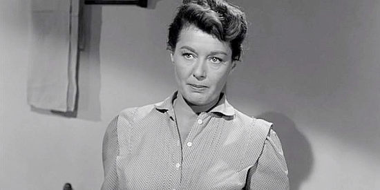 Ellen Drew as Aunt Ruthie, the woman who raised Jeff Blaine after the death of his mother in The Outlaw's Son (1957)
