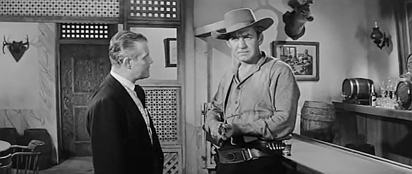 Forrest Tucker as Carl Brandon with Tom Brown as John Reilly in The Quiet Gun (1957)