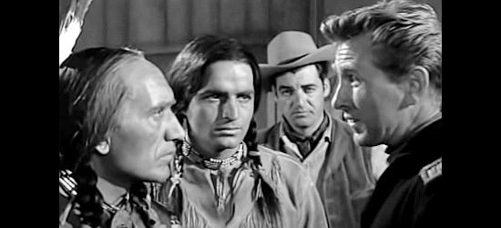 Frank DeKova as Cheyenne Chief Yellow Wolf and Vince Edwards as Chief Little Wolf negotiate with Capt. George (Lloyd Bridges) in Ride Out for Revenge (1957)