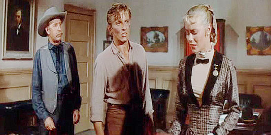 Frank Ferguson as Sheriff Whittrock, Jan Merlin as his son Frank and Abby Dalton as Lucy Antrium in Cole Younger, Gunfighter (1958)