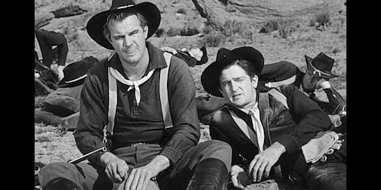 Frederick Ford as Pvt. Macy and Robert Knapp as Pvt. Barrows, grumbling members of the cavalry patrol in Tomahawk Trail (1957)