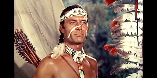 George Montgomery as Pale Arrow, a white man raised by the Pawnee in Pawnee (1957)