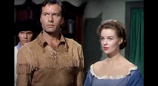 George Montgomery as Pathfinder and Helena Carter as Welcome Alison, facing grim prospects in The Pathfinder (1952)