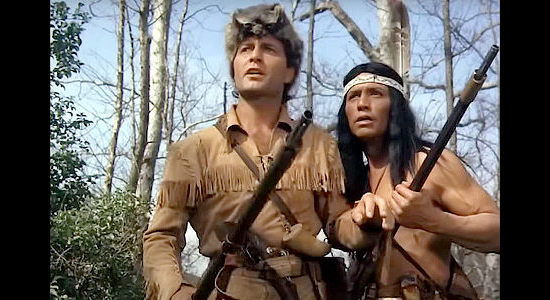 George Montgomery as Pathfinder and Jay SIlverheels as Chingachgook, sensing trouble ahead in The Pathfinder (1952)