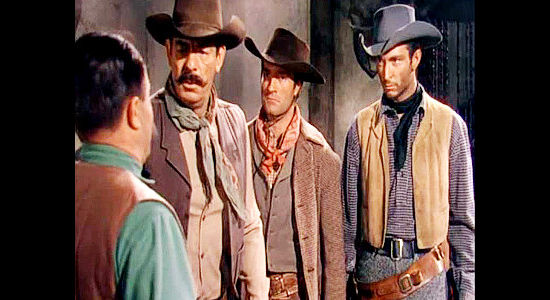 Glenn Strange as Ben Hanley, Hugh O'Brian as Ike Hanley and Lee Van Cleef as Dick Hanley, looking to avenge their brother's death in The Lawless Breed (1953)