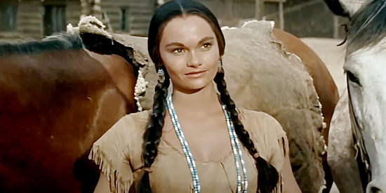 Gloria Talbott as Shona Hastings, the fur trapper's daughter Harris befriends in The Oregon Trail (1959)