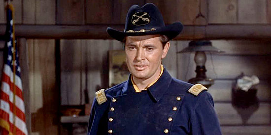 Gregg Palmer as Capt. James Tinslip, finding himself in command when the Civil War breaks out in Revolt at Fort Laramie (1957)