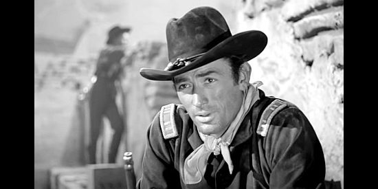 Gregory Peck as Capt. Richard Lance, trying to protect Fort Invincible against overwhelming odds in Only the Valiant (1951)