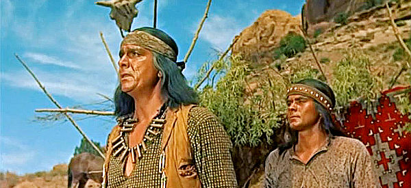 Ian MacDonald (left) as Geronimo, hoping Cochise's death means an end to peace with the whites in Taza, Son of Cochise (1954)