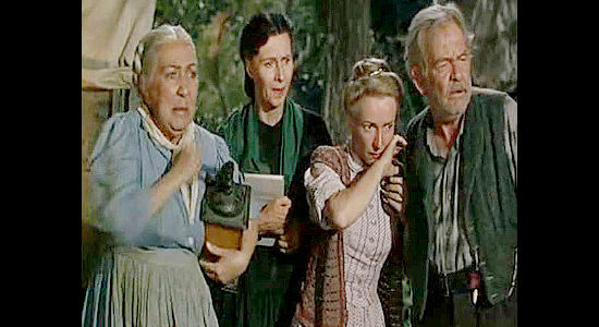 Ilka Gruining as Mama Ludwig, Mary Field as Miss Swingate, Lillian Bronson as Mom Brennan and Griff Barnett as Papa Ludwig watching a fight break out in Passage West (1951)