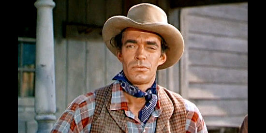 Jack Elam as Tim Lowerie, being questioned about a missing white stallion in Ride Clear of Diablo (1954)