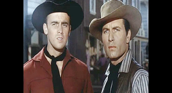 Jerome Courtland as Larry Galland and George Montgomery as Bret Ivers, wondering it their cover's been blown in Cripple Creek (1952)