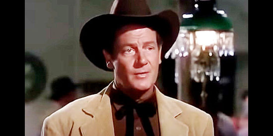 Joel McCrea as Clete Mattson, hoping to get supplies to the South and win over a lovely lass in Border River (1954)