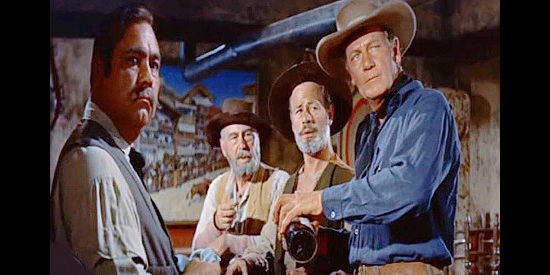 Joel McCrea as John Cord, enjoying a drink with old friends Thomas Jefferson Jeffrey (Paul Brinegar, middle) and George Washington Jeffrey (Hal K. Dawson) in Cattle Empire (1958)